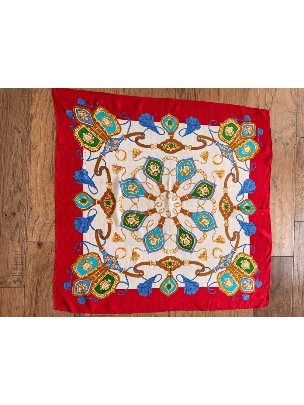 Red Square Scarf with Colorful Chain and Tassel Print, 30 Inches
